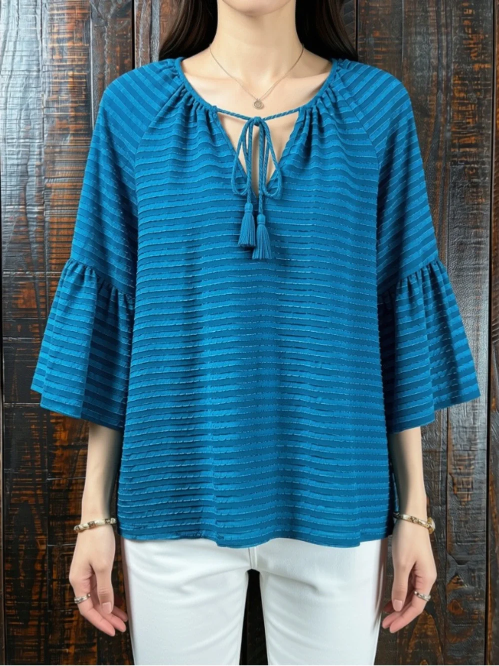 Kensie Teal Striped Tassel Tie Bell Sleeve Top Small